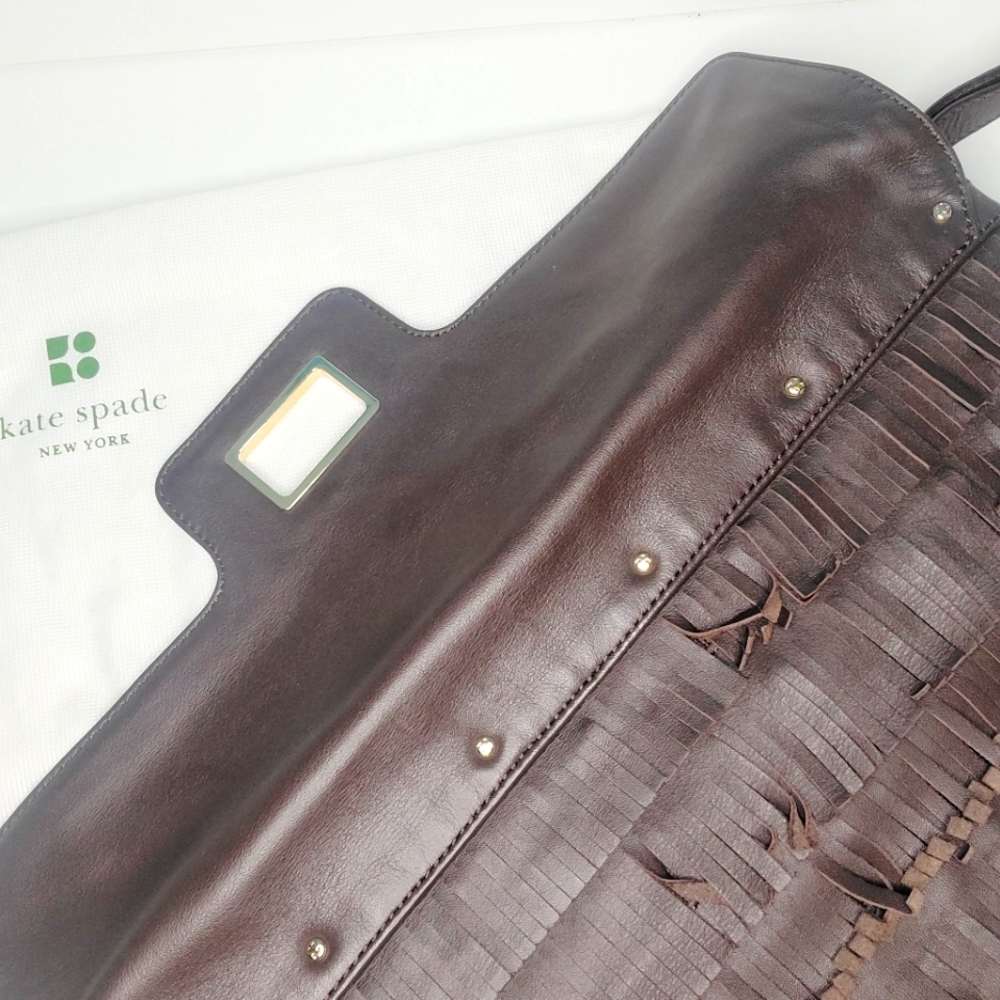 NWT Kate Spade Brown Leather Fringed Large Clutch Purse Flap w/ Twist Lock